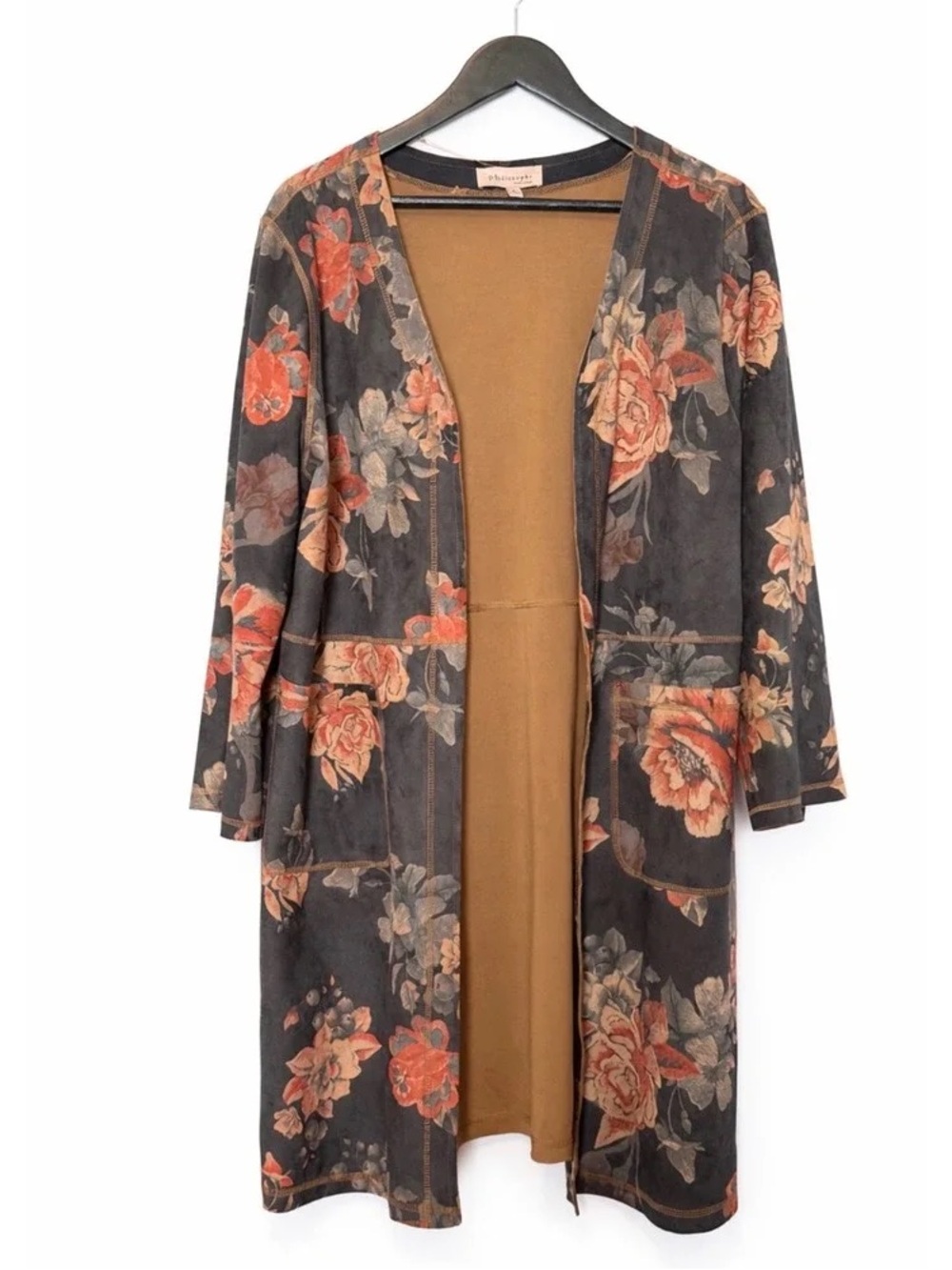 Floral Open-Front Long Robe - Charcoal with Rust Floral